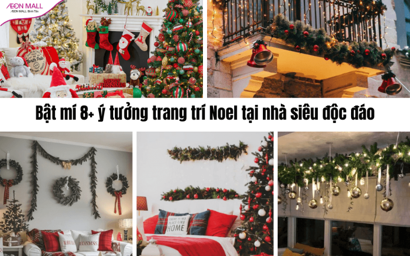 Bàn làm việc hoặc sàn nhà bày biện đầy đồ trang trí cây thông Noel như quả châu, dây kim tuyến, đèn nháy