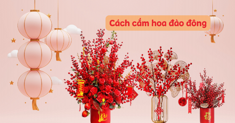 Một vài cành đào đông đỏ giả cắm trong bình gốm, đặt trên bàn làm việc để trang trí dịp Tết.
