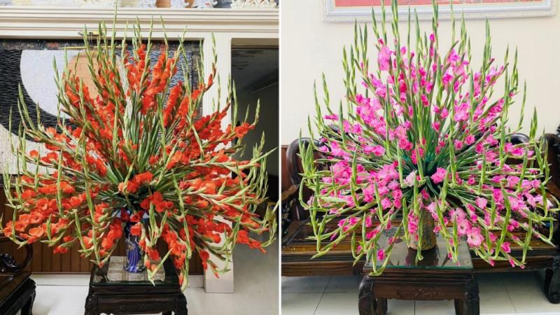 Sự đối lập tuyệt vời giữa dáng hoa lay ơn vươn cao và vẻ đẹp tròn đầy của hoa hồng khi cắm cùng nhau trong một bình hoa