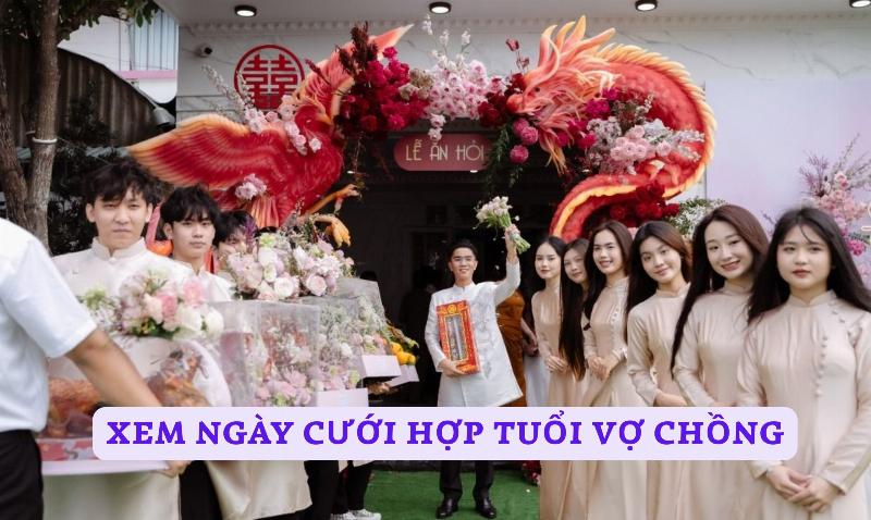 Một cặp đôi đang xem lịch âm để chọn ngày cưới, có bó hoa cưới cầm tay đặt trên bàn, minh họa việc xem ngày cho sự kiện có hoa tươi