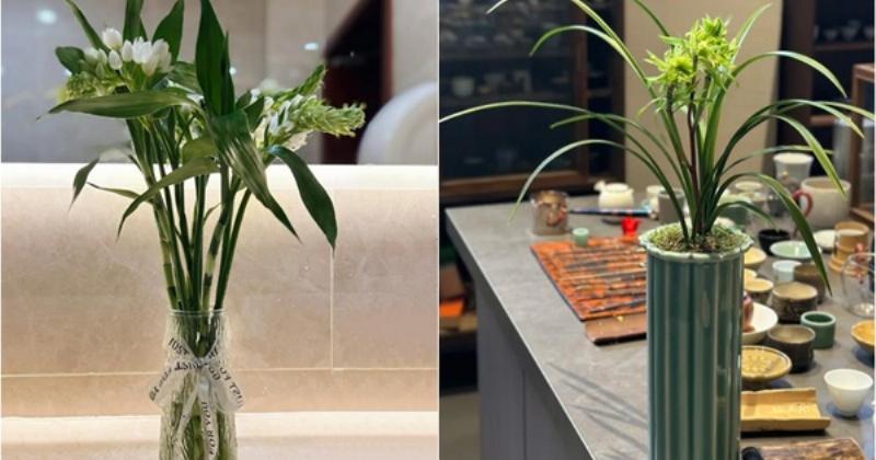 Người phụ nữ đang cẩn thận cắt tỉa cành hoa và thay nước cho bình hoa tươi, biểu trưng cho sự chăm sóc tận tâm mang lại may mắn cho gia chủ Mậu Dần.