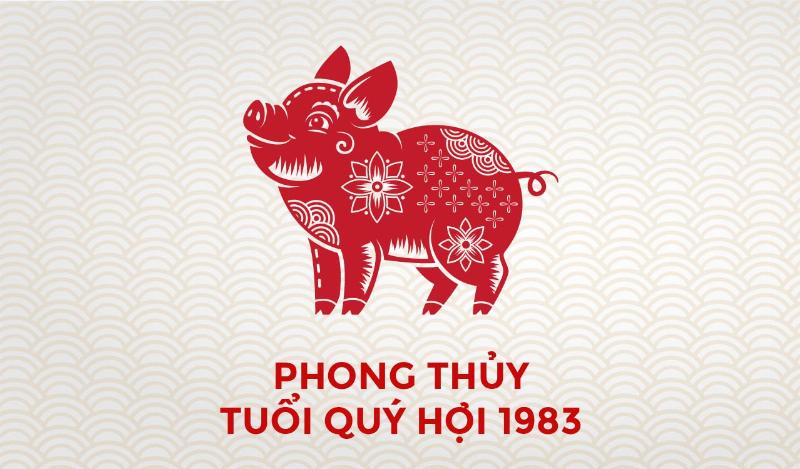 Hình ảnh minh họa các yếu tố phong thủy cho người mệnh Thủy/tuổi Quý Hợi 1983, bao gồm bảng màu hợp/kỵ, các con số may mắn, và sơ đồ Bát Trạch với các hướng tốt/xấu được đánh dấu.
