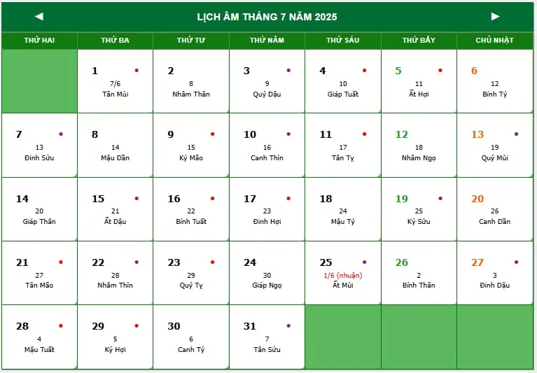 Lịch tháng 7 dương lịch 2025 hiển thị chi tiết các ngày và ngày âm tương ứng