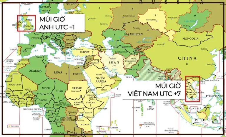 Bản đồ thế giới minh họa sự chênh lệch múi giờ giữa Việt Nam và Anh