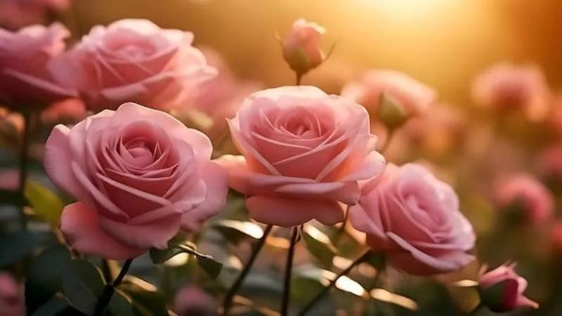 Khóm hoa hồng phấn nở rộ trong ánh nắng, tạo nên một khung cảnh bình yên và thơ mộng
