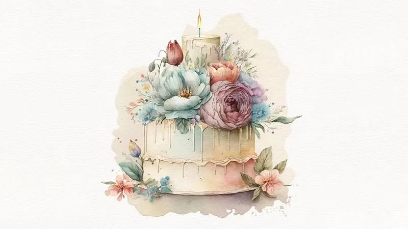 Bánh kem vẽ tay với hoa hồng pastel, ảnh nền máy tính lãng mạn