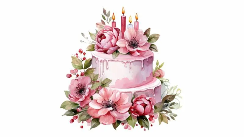 Bánh sinh nhật hoạt hình vẽ tay và hoa cúc họa mi, ảnh nền sáng tạo