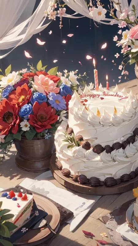 Bánh sinh nhật AI rực rỡ với hoa lá, hình nền điện thoại chất lượng cao