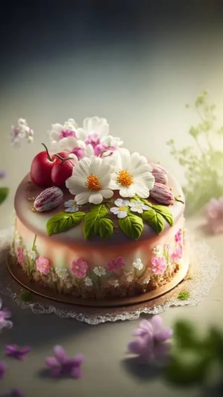 Bánh sinh nhật AI với hoa hồng và hiệu ứng ánh sáng, hình nền điện thoại hiện đại