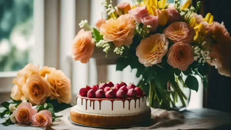 Bánh sinh nhật kem trắng với hoa cúc họa mi và nến lung linh, hình nền máy tính ý nghĩa