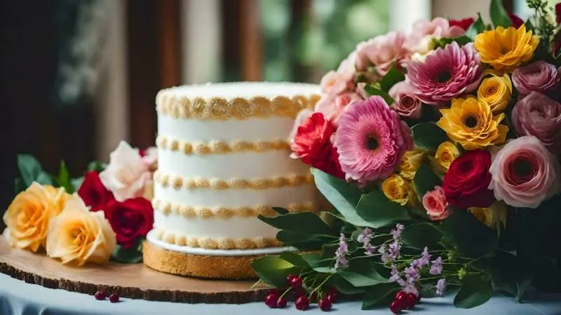 Chiếc bánh sinh nhật dâu tây tươi và hoa cẩm tú cầu xanh, ảnh hoa và bánh sinh nhật đẹp