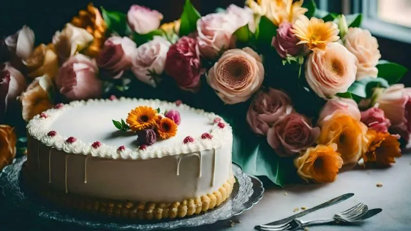 Bánh sinh nhật nhiều tầng màu hồng và hoa hồng đỏ tươi thắm, hình nền máy tính đầy màu sắc
