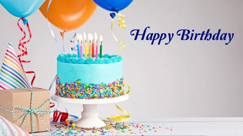 Ảnh quà sinh nhật đầy màu sắc với bóng bay và confetti