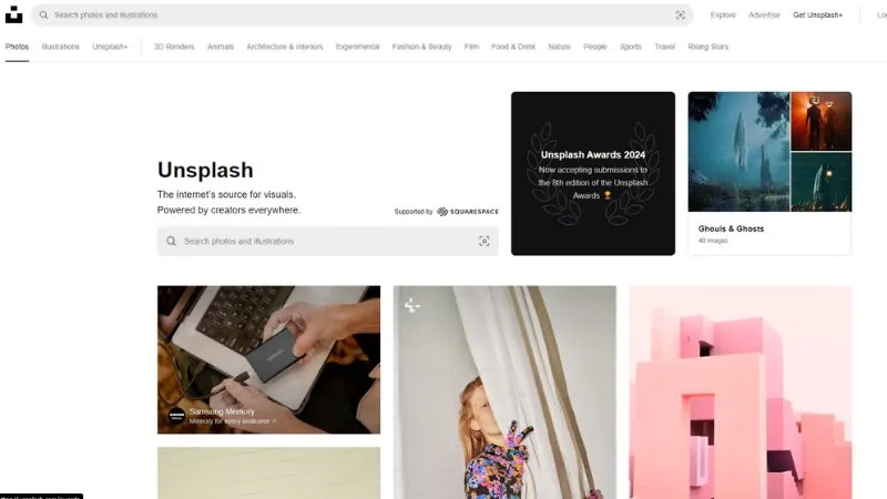 Logo Unsplash và giao diện tìm kiếm ảnh
