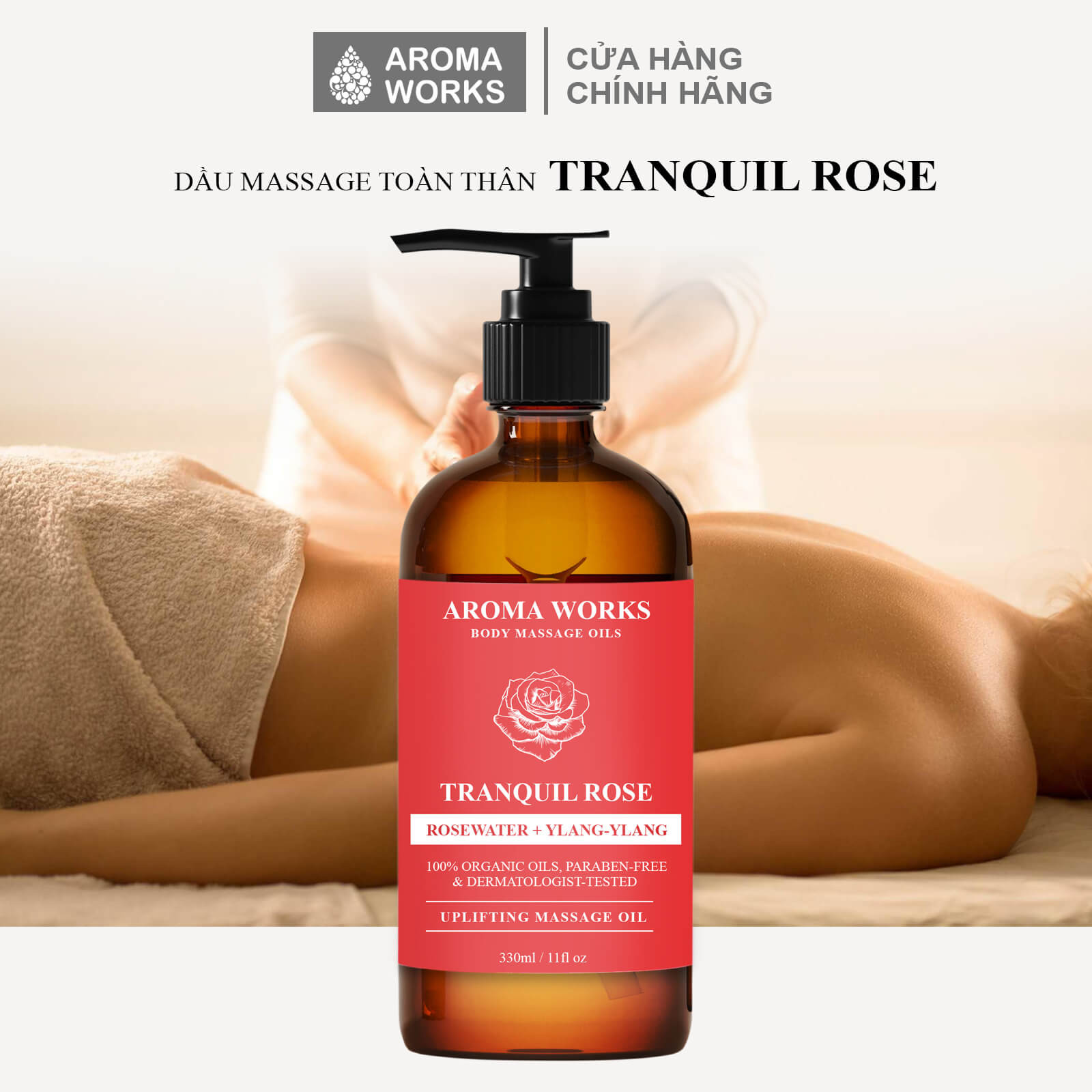 Dầu massage toàn thân Aroma Works Body Massage Oils - Tranquil Rose chai 330ml