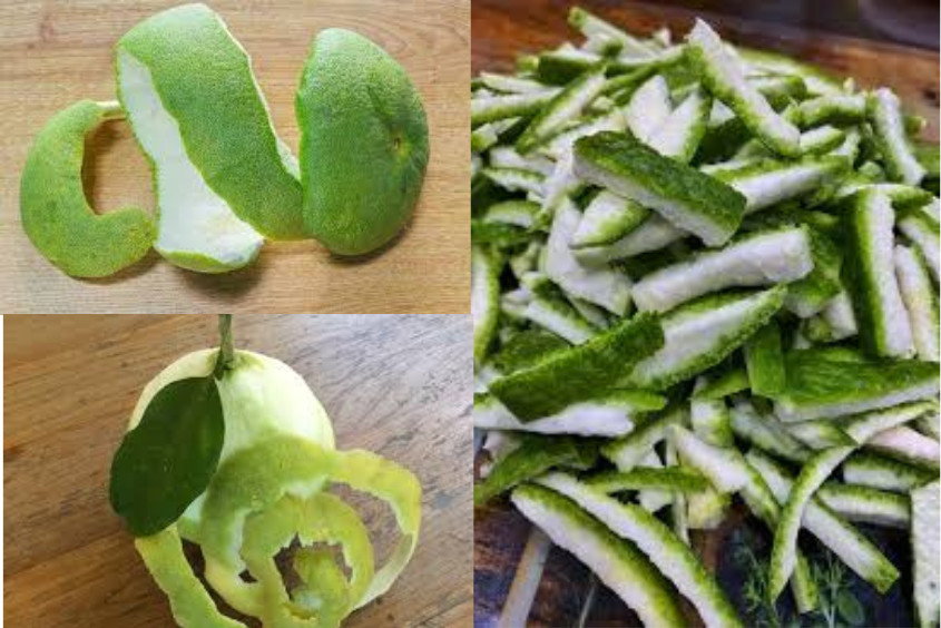 Vỏ bưởi đã được cắt nhỏ để chuẩn bị làm tinh dầu