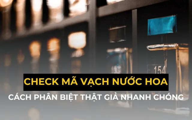 Một chai nước hoa được đặt cạnh thiết bị điện tử có màn hình hiển thị kết quả kiểm tra mã vạch