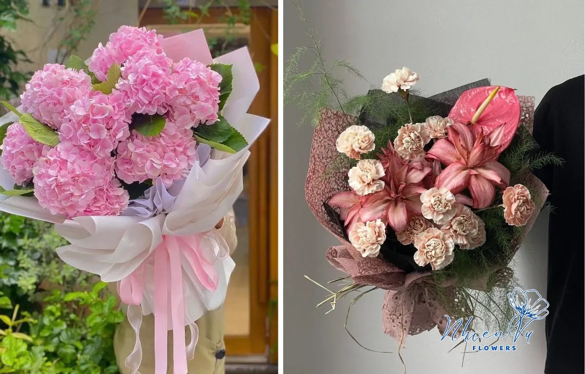 Bình hoa cắm bàn hội nghị với hoa ly trắng và lan hồ điệp, mang vẻ đẹp trang nhã, lịch sự