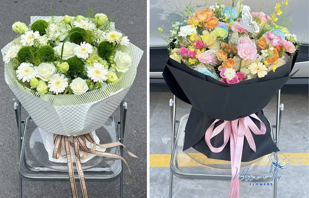 Bó hoa sinh nhật với hoa hồng pastel và hoa baby, mang vẻ đẹp dễ thương, ngọt ngào