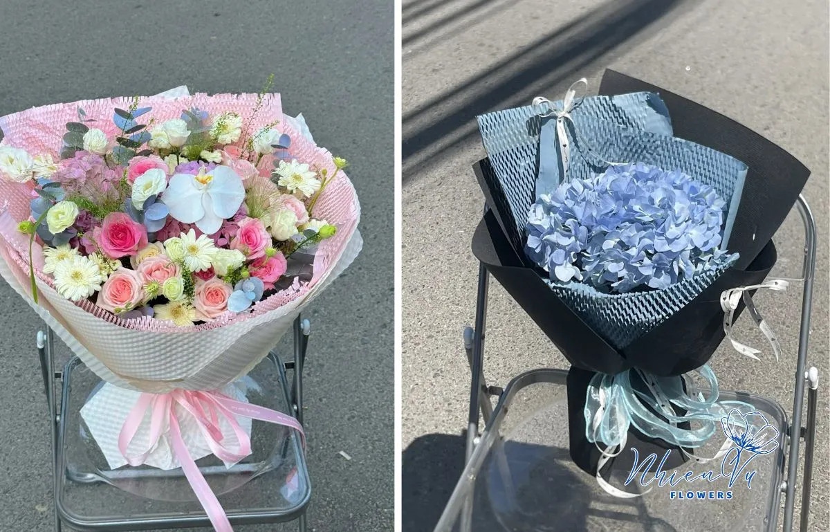 Kệ hoa khai trương lớn với hoa hướng dương và lan vũ nữ rực rỡ, biểu tượng may mắn