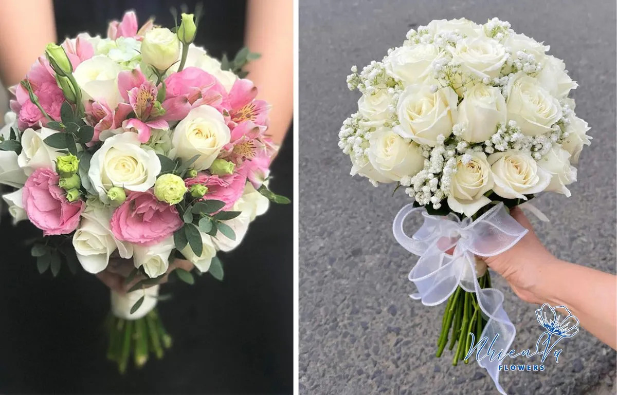 Bó hoa cưới cầm tay cô dâu với hoa hồng trắng tinh khôi và hoa baby