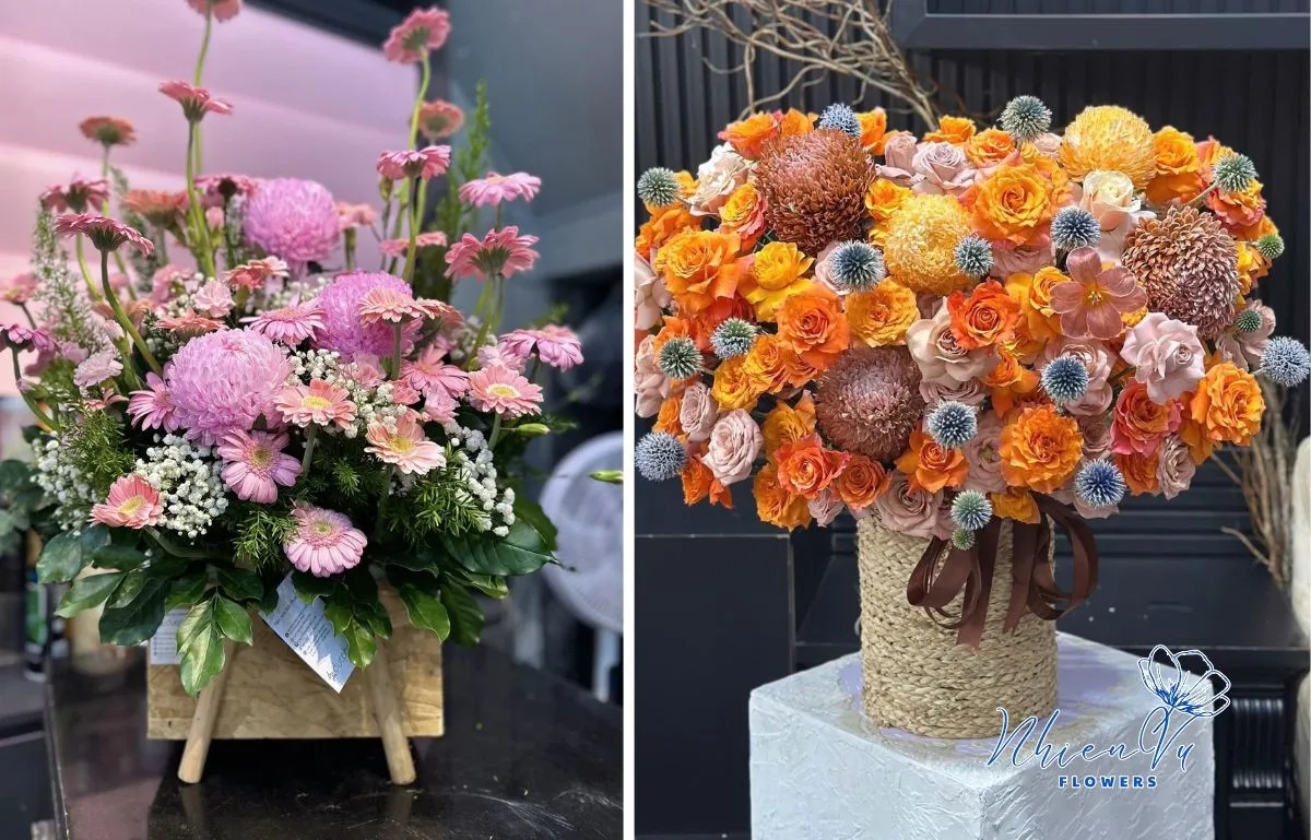 Lẵng hoa mừng thọ với hoa lan hồ điệp và hoa ly, biểu tượng của sự trường thọ và kính trọng