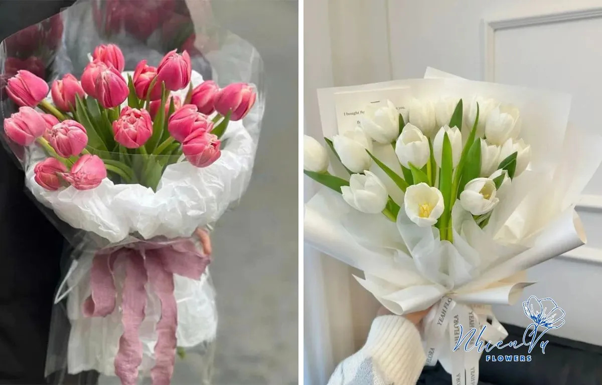 Hình ảnh nhân viên Hoa Nhiên Vũ đang chuẩn bị một bó hoa tươi để giao hàng