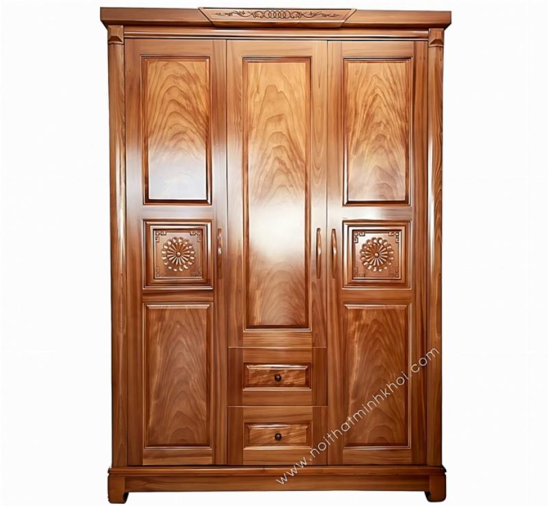 Bộ giường và tủ quần áo làm từ gỗ xoan đào trong phòng ngủ hiện đại